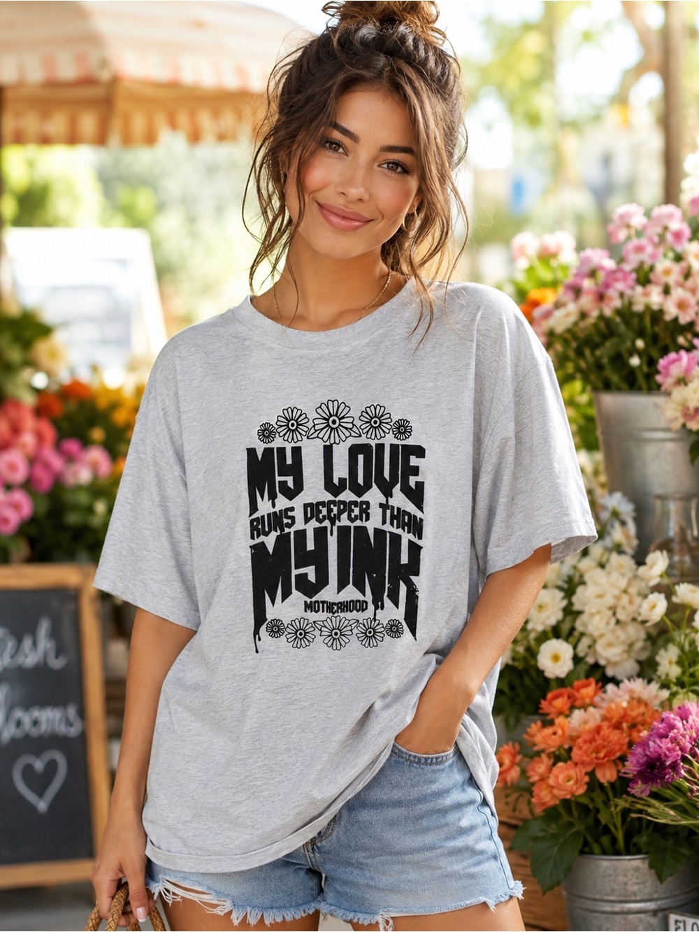 My Love Runs Deeper Than My Ink Motherhood Graphic Tee Gray Oversized Large Size